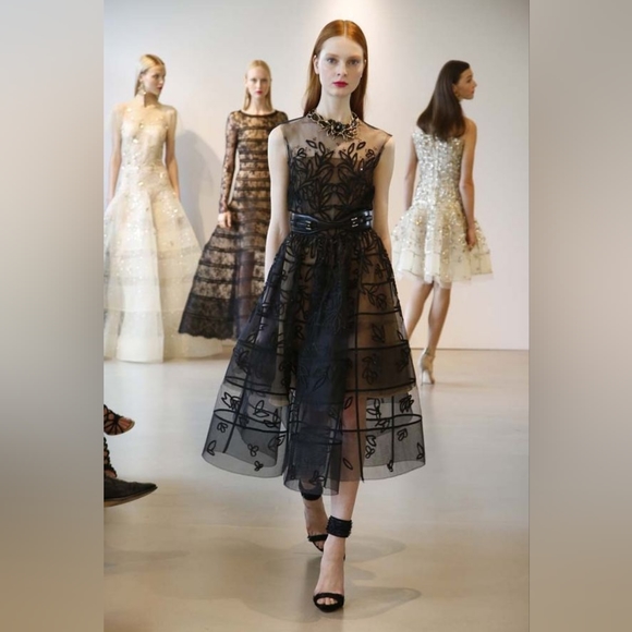 °$7,900 OSCAR DE LA RENTA BLK TULLE FLORAL BEAD EMBROID RUNWAY MIDI DRESS US 10 - Picture 6 of 10